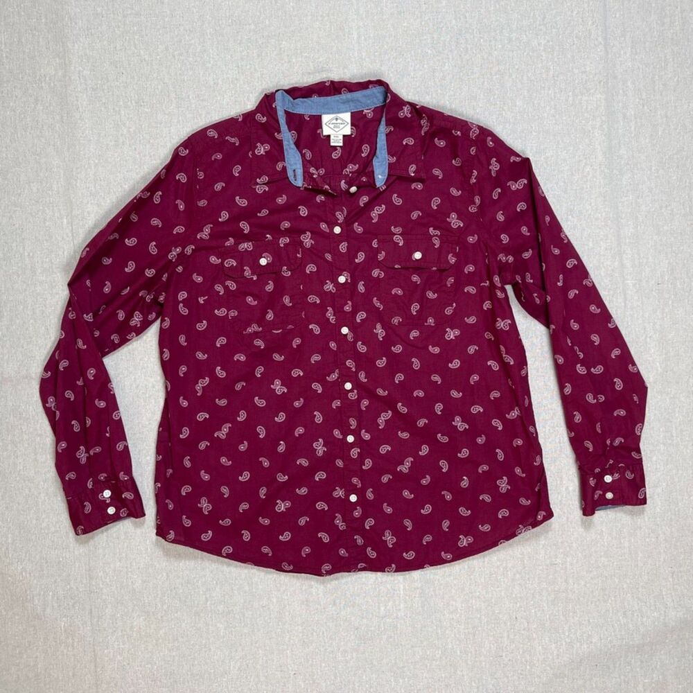 St. John’s Bay | Burgundy Paisley Print Button Down Top | PXL